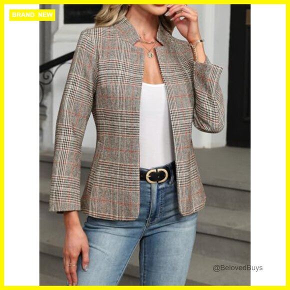 Plaid Blazer Open Front Stand Collar Boyfriend Jacket Work Casual - Picture 3 of 7